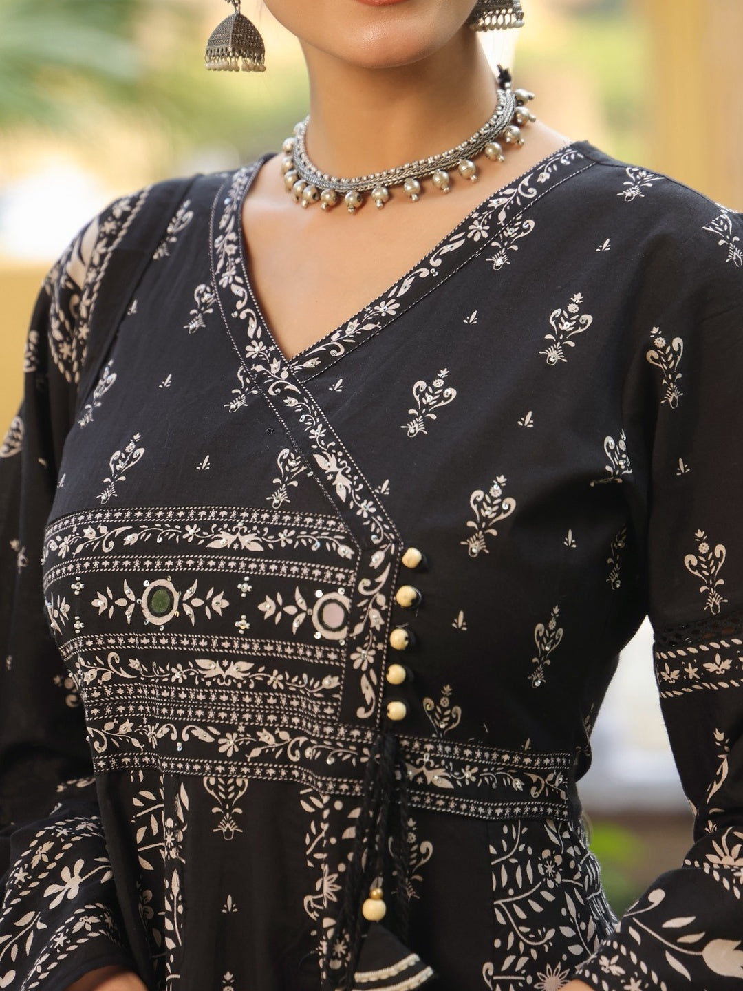 Hand Embroidered Floral Angarkha Anarkali Kurta Set - Black