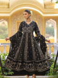 Black hand-embroidered Angarkha style Anarkali kurta with floral jaal print, matching pant, and dupatta.