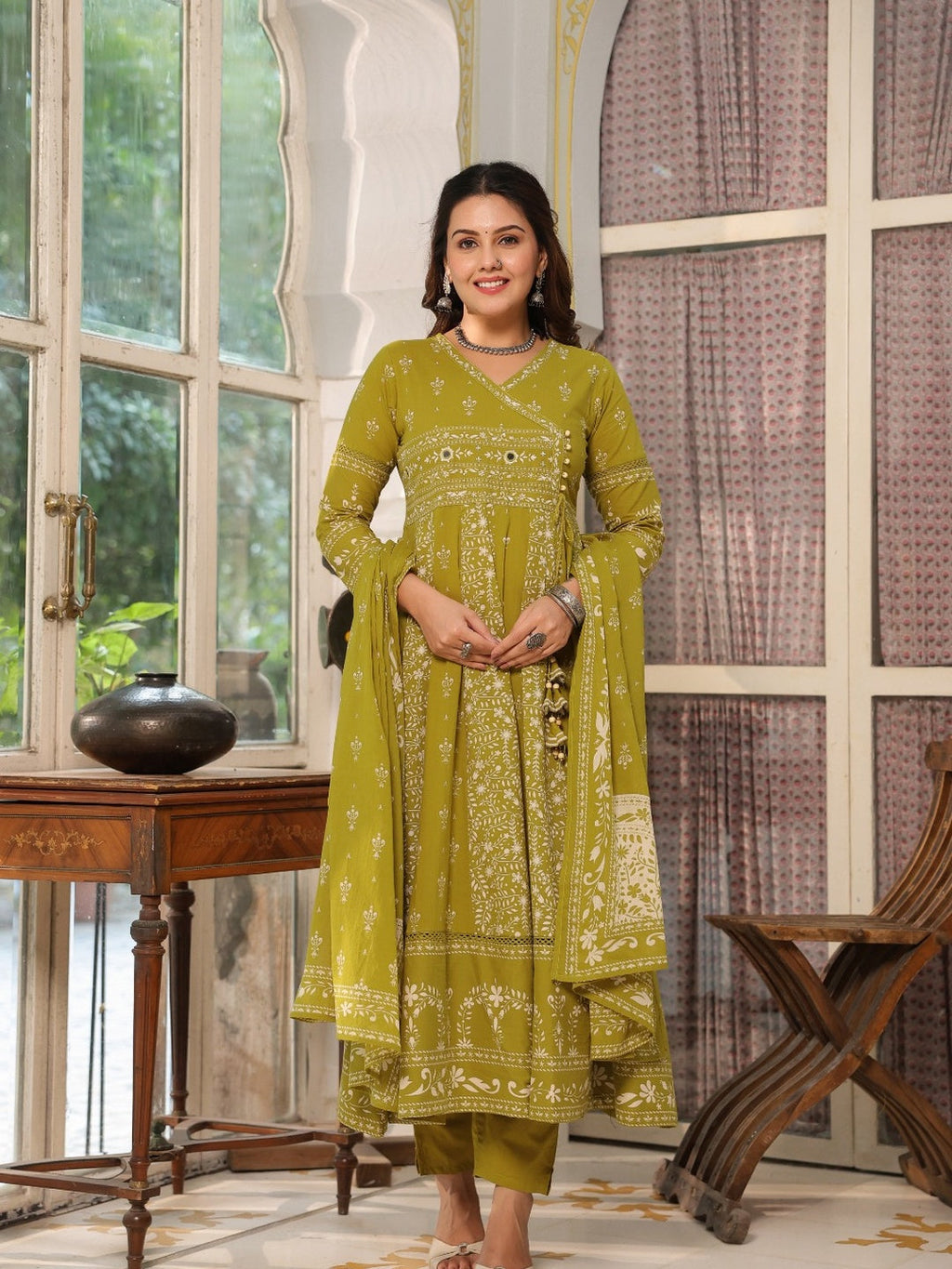 Olive Floral Jaal Printed Angarkha Anarkali Kurta Set with Dupatta