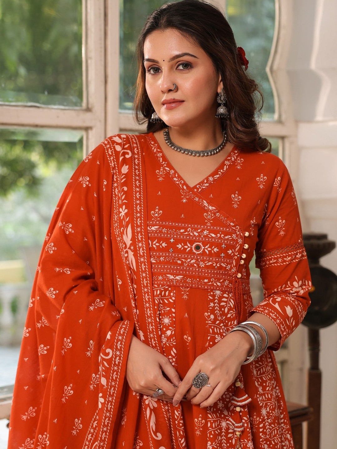 Orange Embroidered Angarkha Style Anarkali Kurta Set with Dupatta