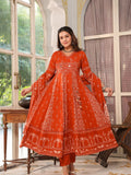 Orange Anarkali kurta in Angarkha style with intricate hand embroidery and floral jaal print.