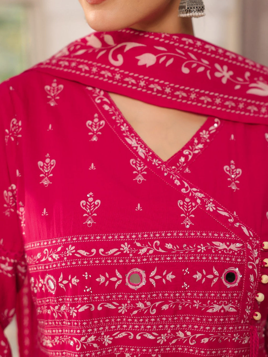 Rani Angarkha Anarkali Kurta Set with Floral Print and Dupatta