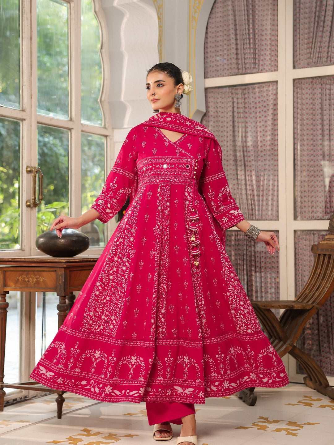 Rani Angarkha Anarkali Kurta Set with Floral Print and Dupatta