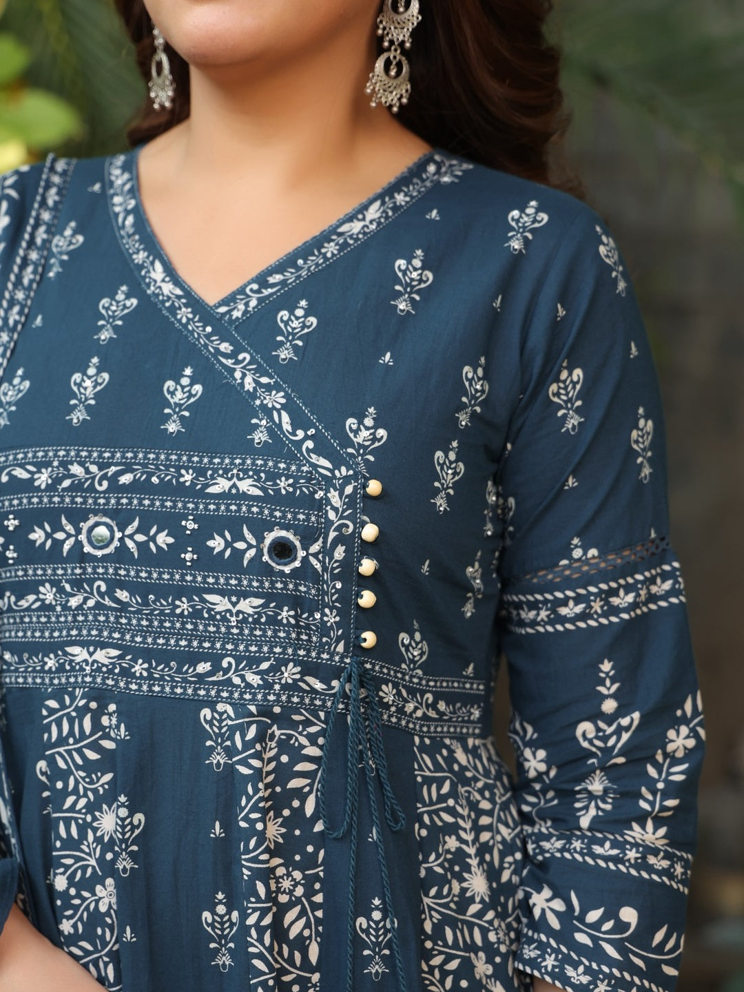 Teal Angarkha Anarkali Kurta Set with Floral Print and Embroidery