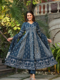 Teal Angarkha Anarkali kurta with floral print and hand embroidery