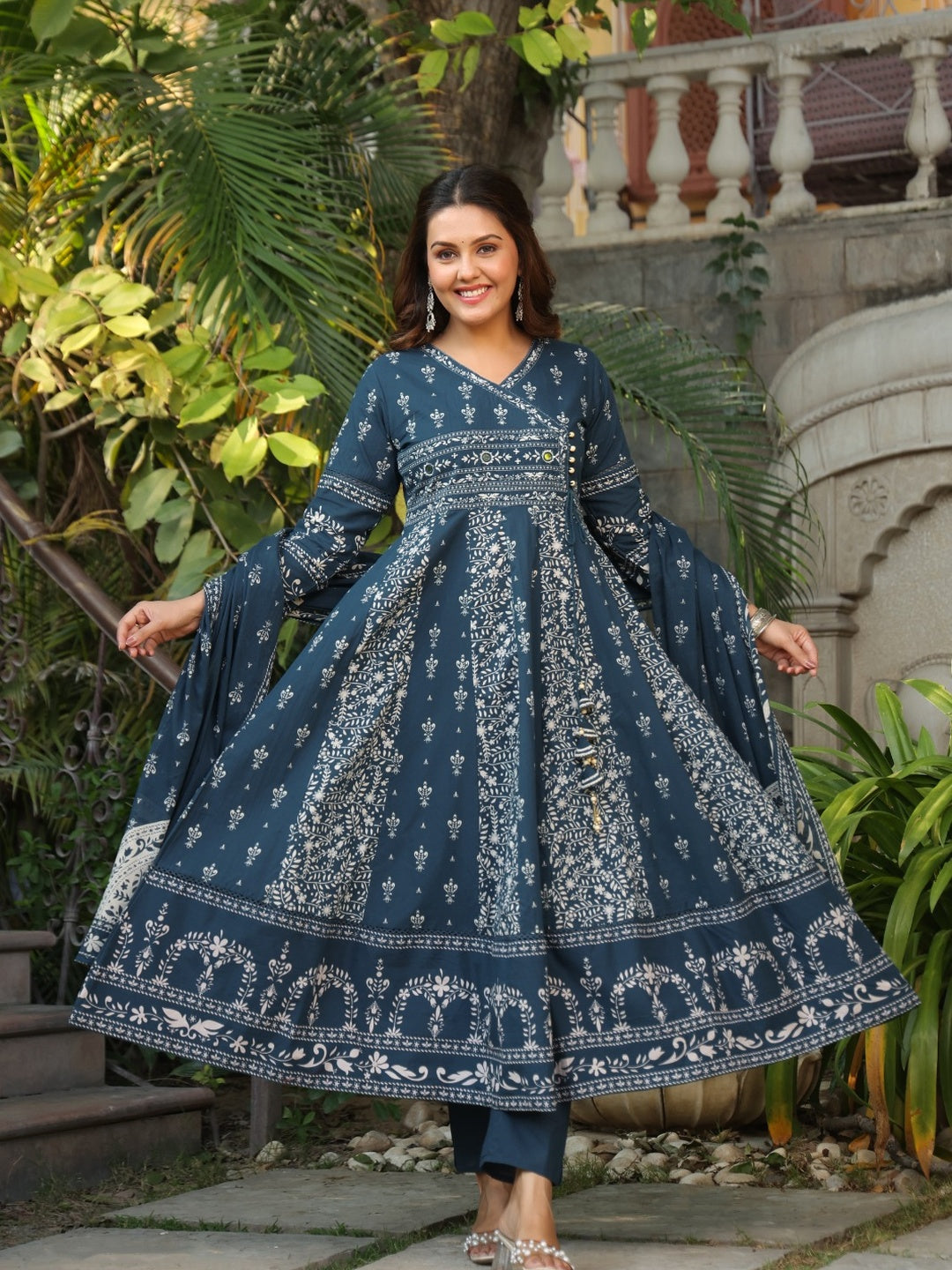 Teal Angarkha Anarkali kurta with floral print and hand embroidery