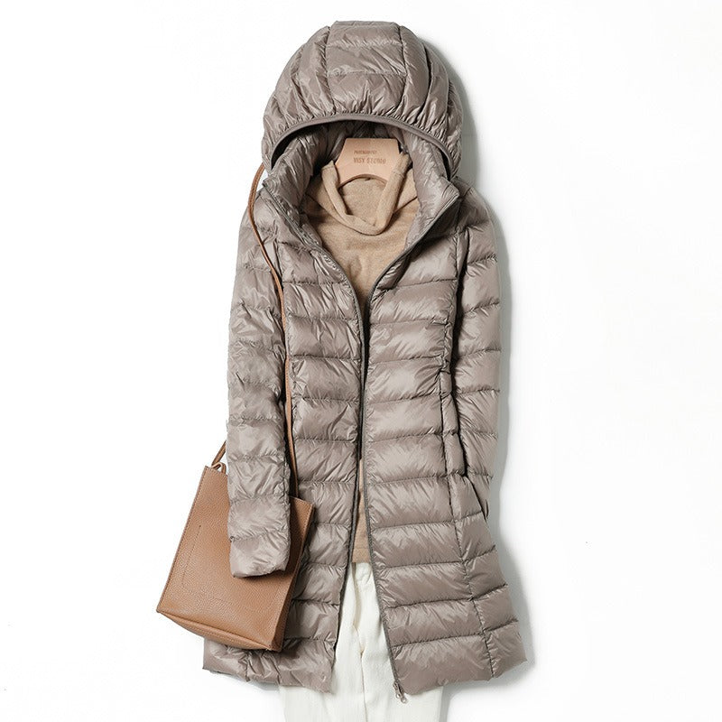 Women's Harajuku Oversized Mid-Length Hooded Down Jacket Pink Taupe - Image 2