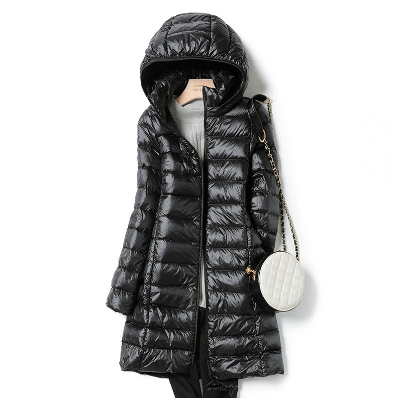 Women's Harajuku Oversized Mid-Length Hooded Down Jacket Pink Taupe - Image 7