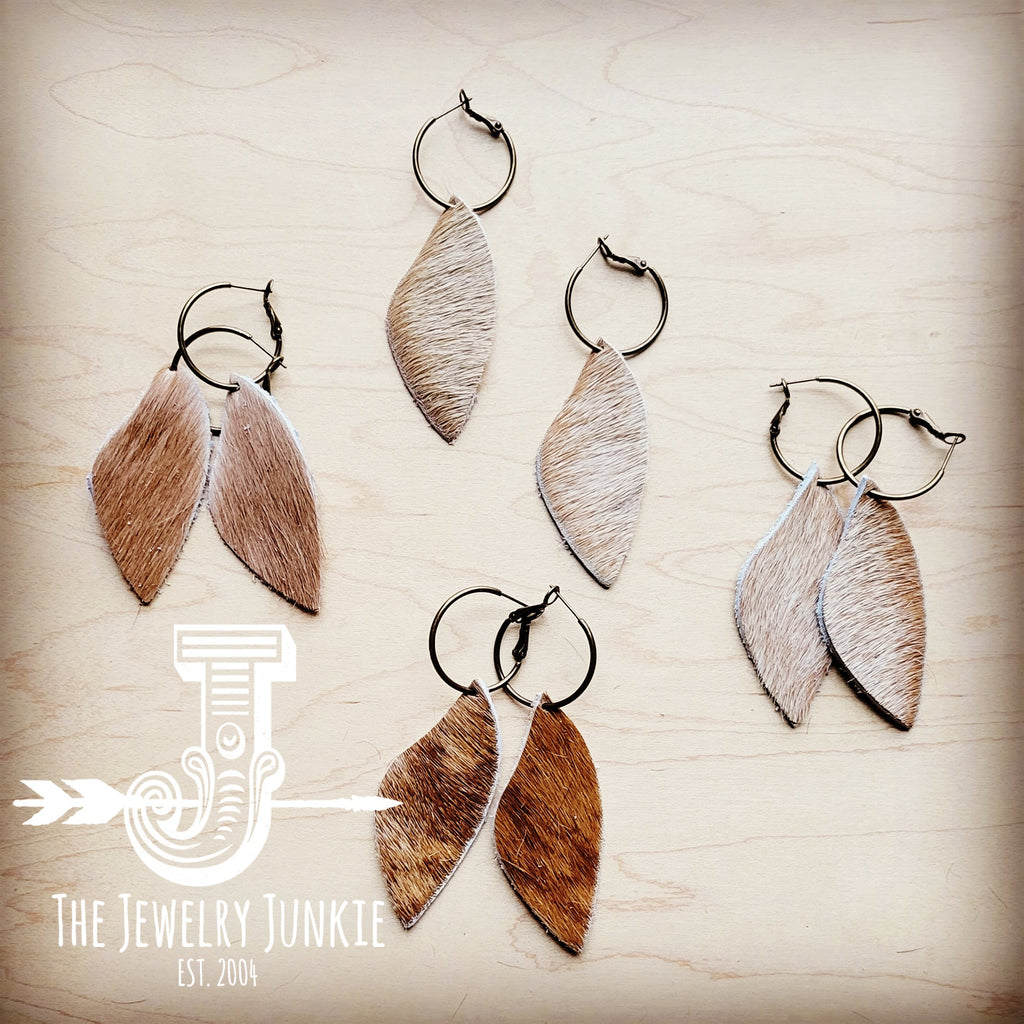Antique Gold Hoop Earrings with Dark Tan Hair-on-Hide Leather - Image 2