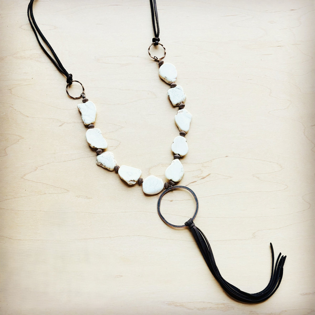 White Turquoise Chunky Necklace Leather Tassel