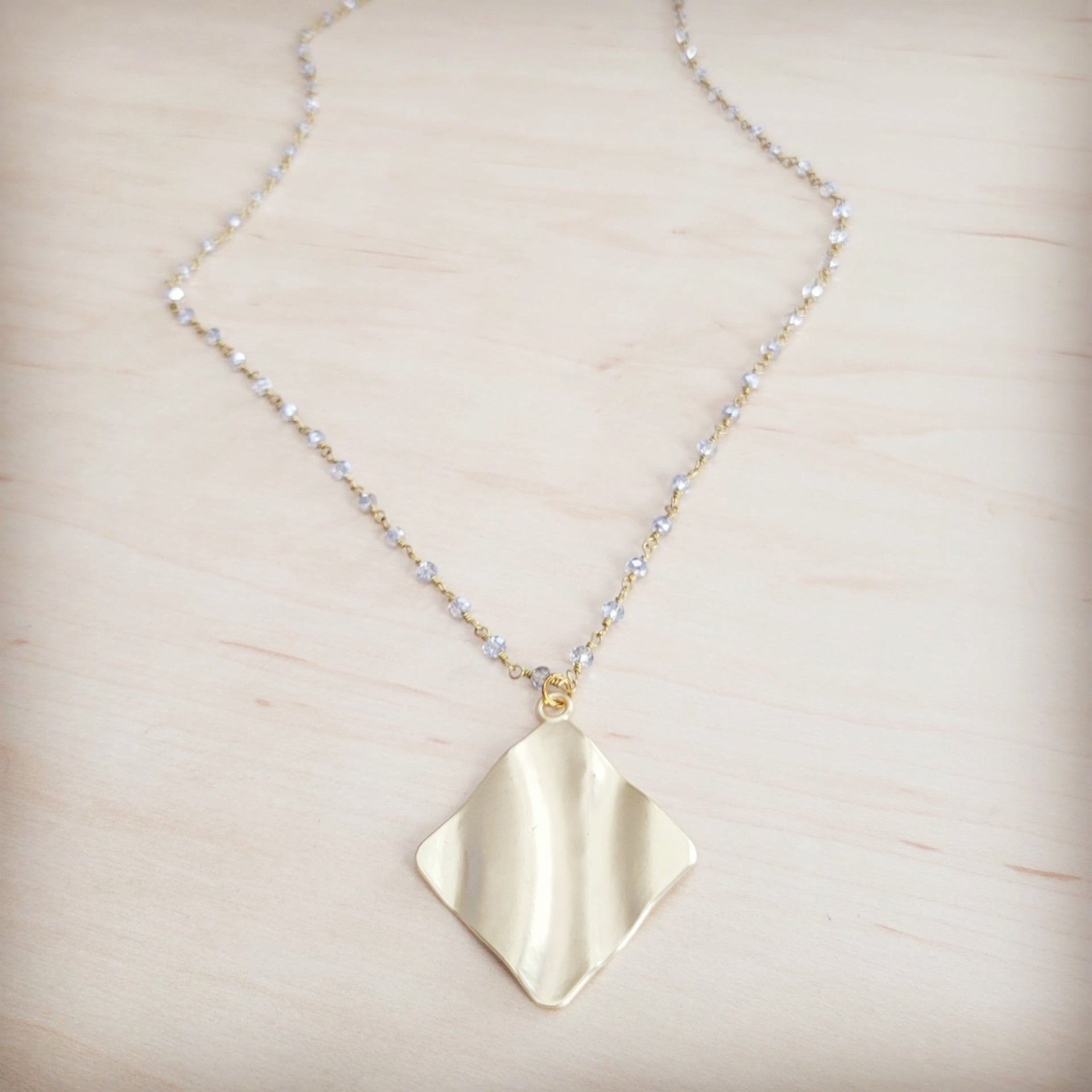Gold-Tone Wavy Diamond Pendant Necklace with Beaded Chain - Image 2