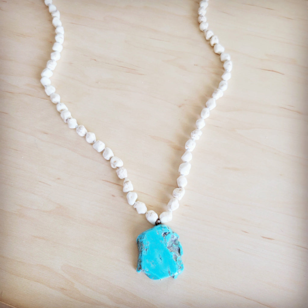 Long White Turquoise Beaded Necklace with Blue Slab Pendant - Image 3