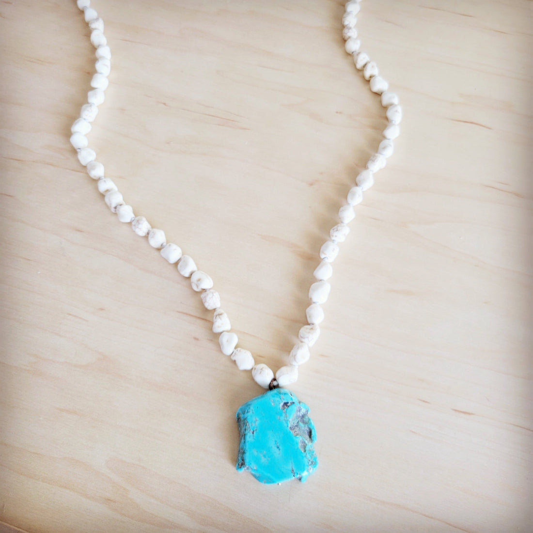 Long White Turquoise Beaded Necklace with Blue Slab Pendant - Image 3