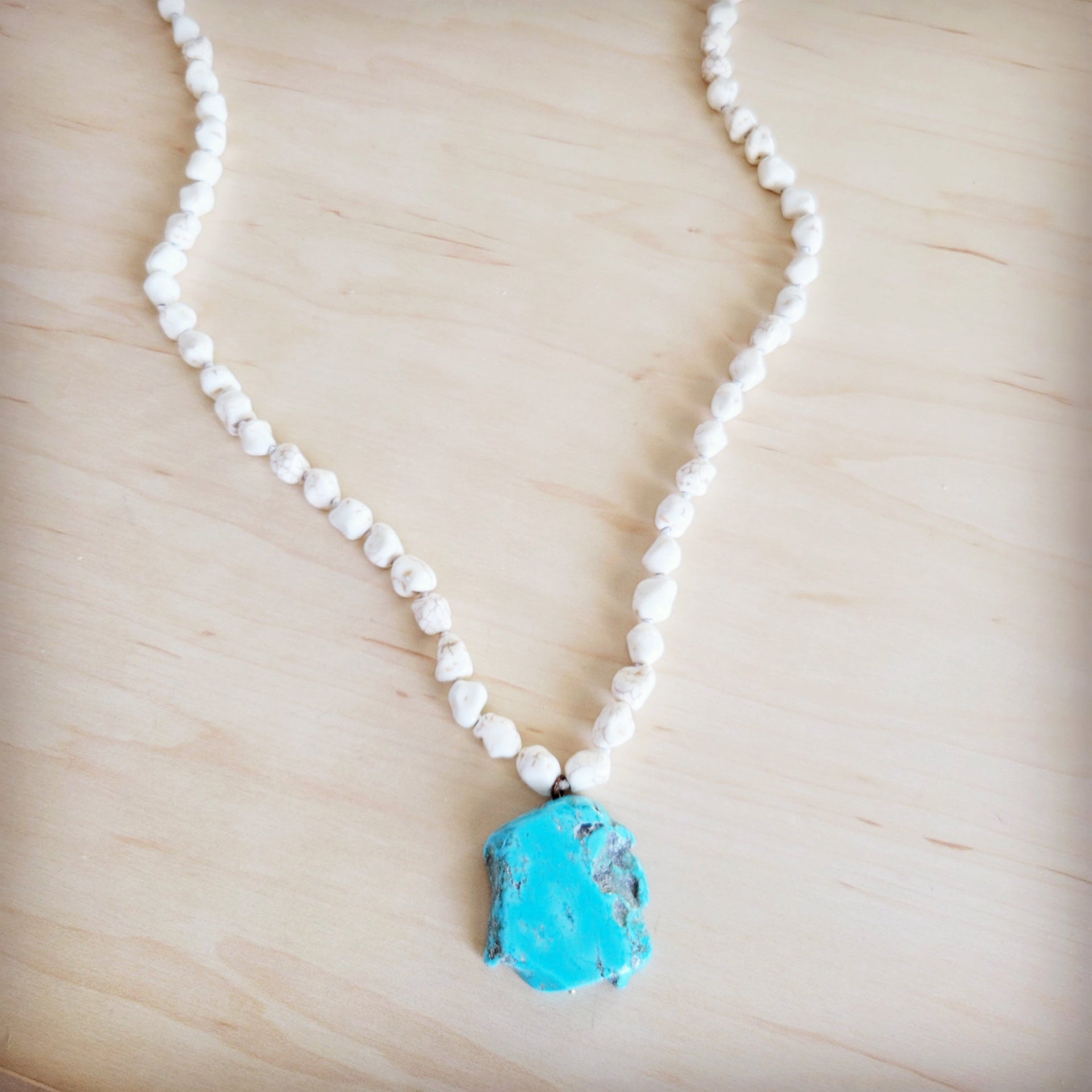 Long White Turquoise Beaded Necklace with Blue Slab Pendant - Image 3