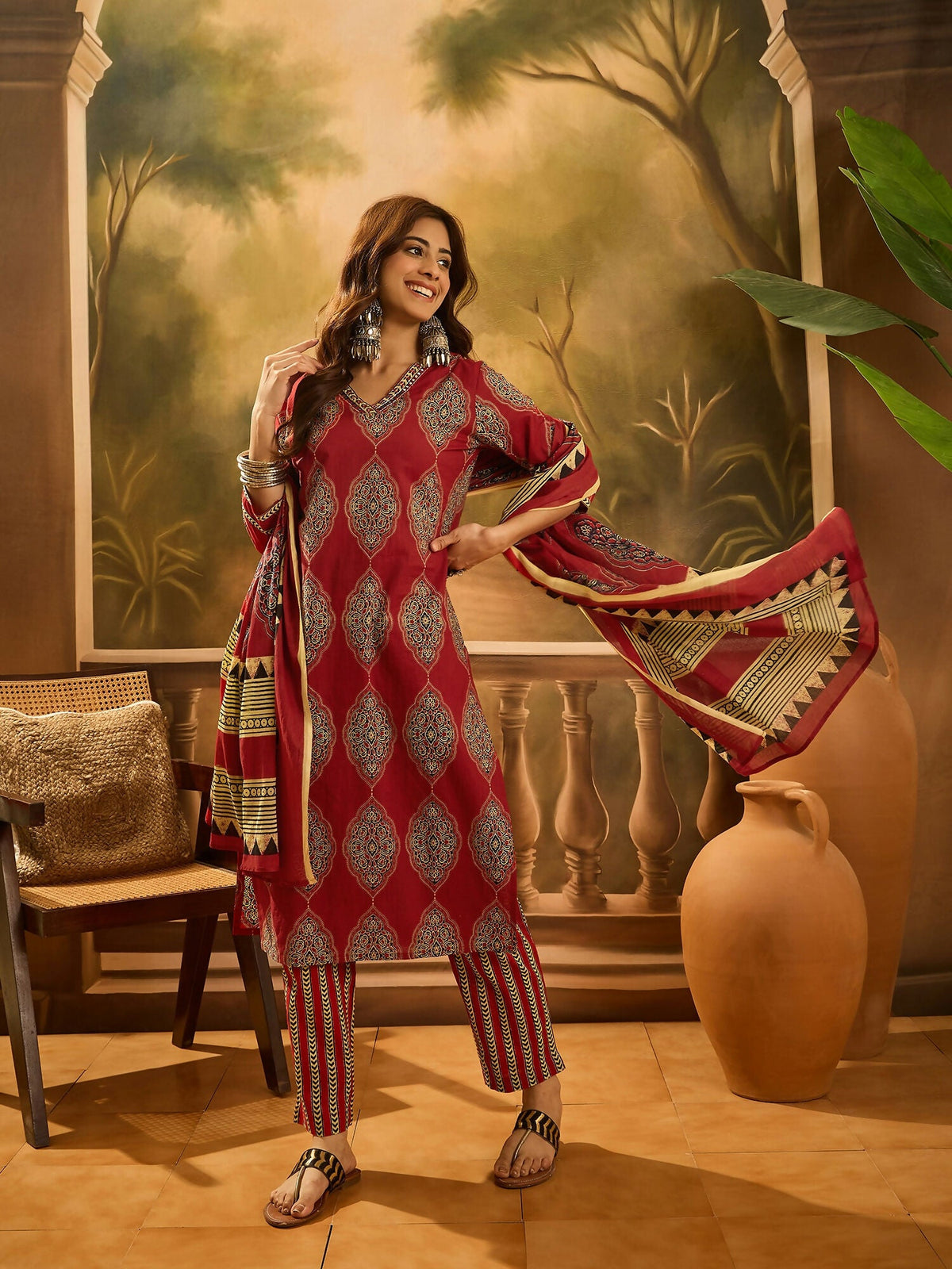 Printed Maroon Pure Cotton Kurta Set for Women