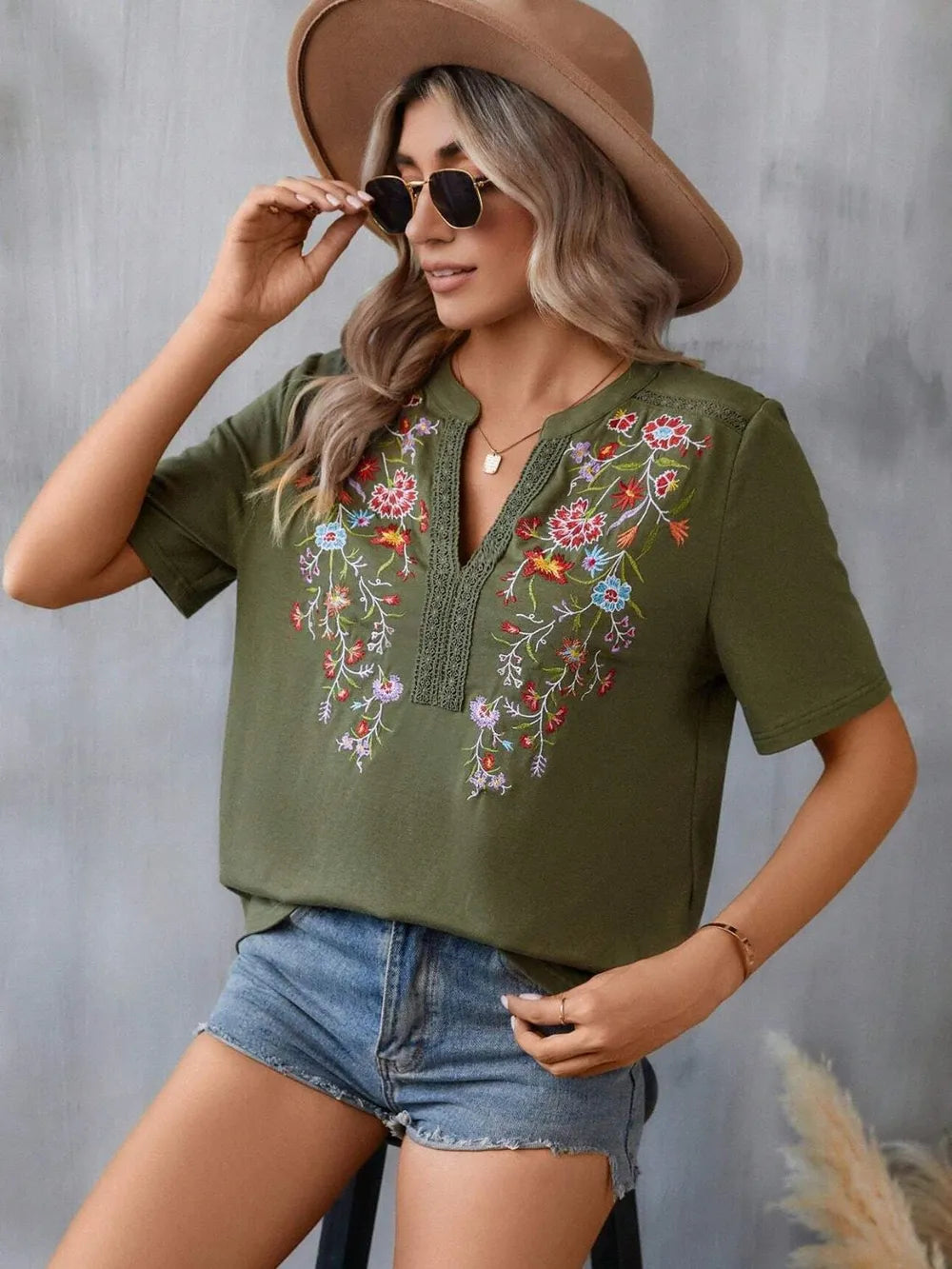 Boho Floral Embroidered Notched V-Neck Lace Trim Top