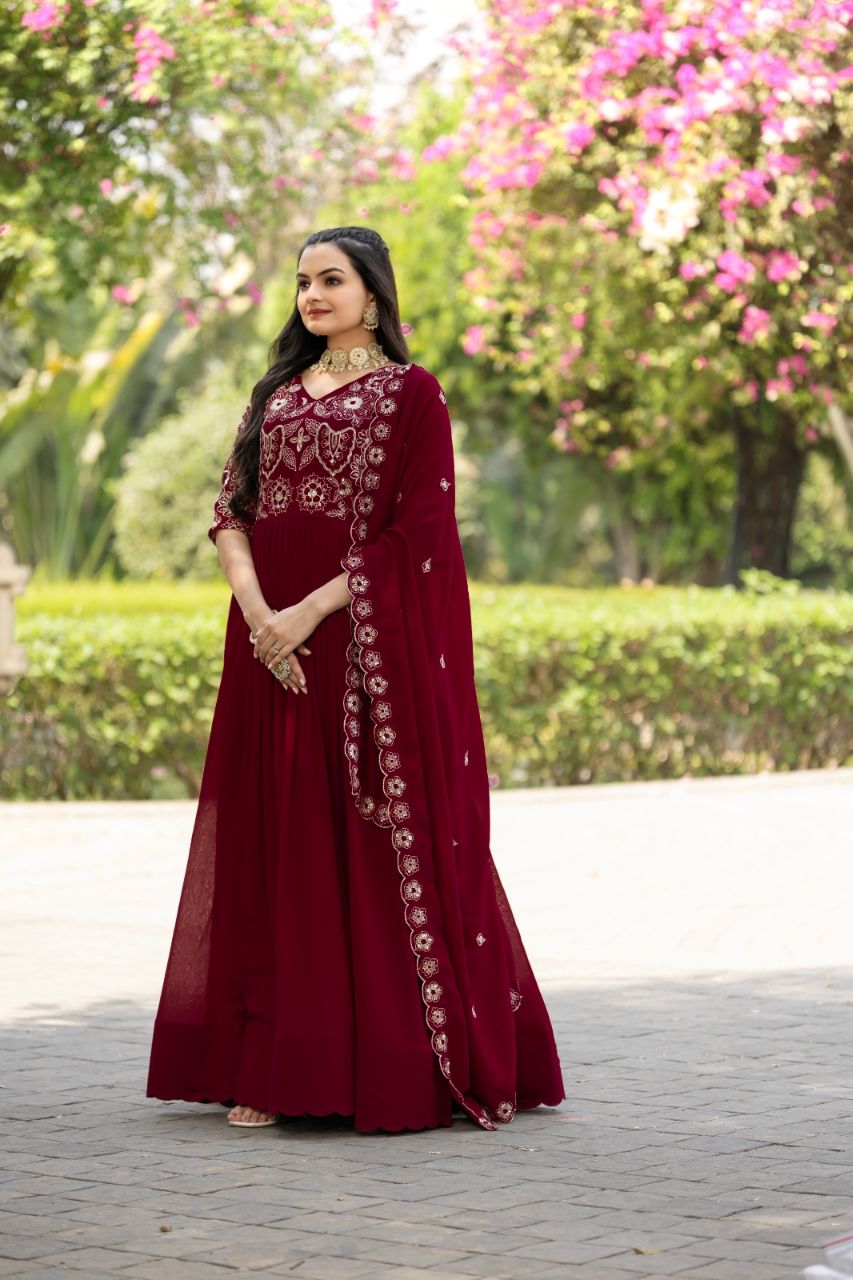 Prazu Fashion Maroon Vichitra Silk Embroidered Gown With Dupatta