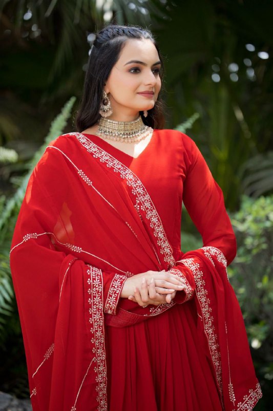 Prazu Fashion Red Faux Georgette Embroidered Gown With Dupatta