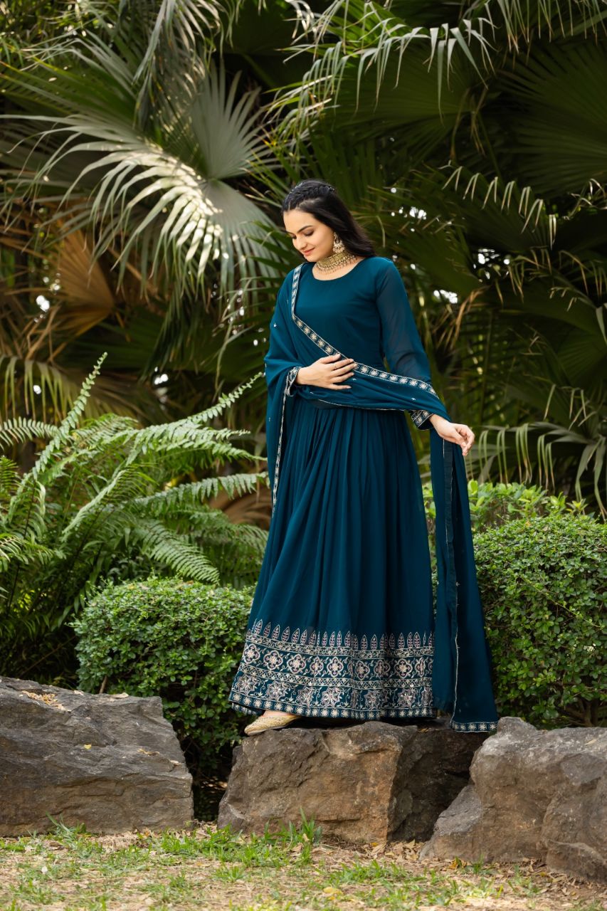 Prazu Fashion Rama Blue Faux Georgette Embroidered Gown With Dupatta