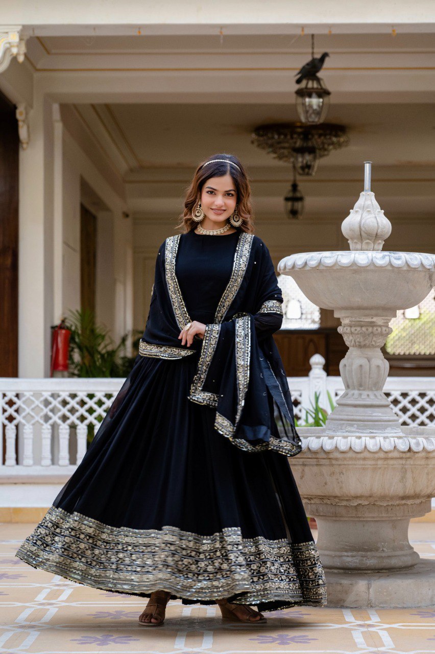 Black Faux Georgette Embroidered Gown with Matching Dupatta