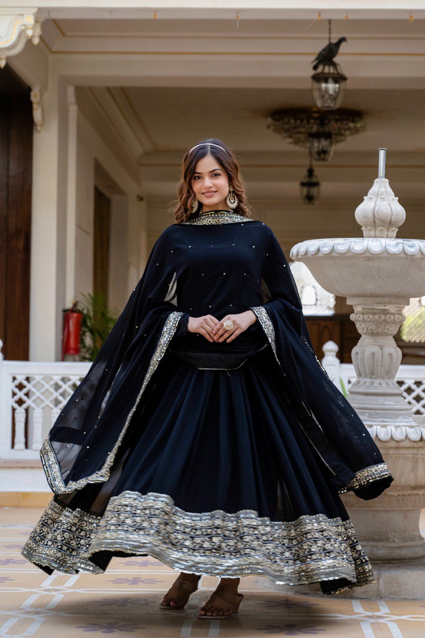 Black Faux Georgette Embroidered Gown with Matching Dupatta