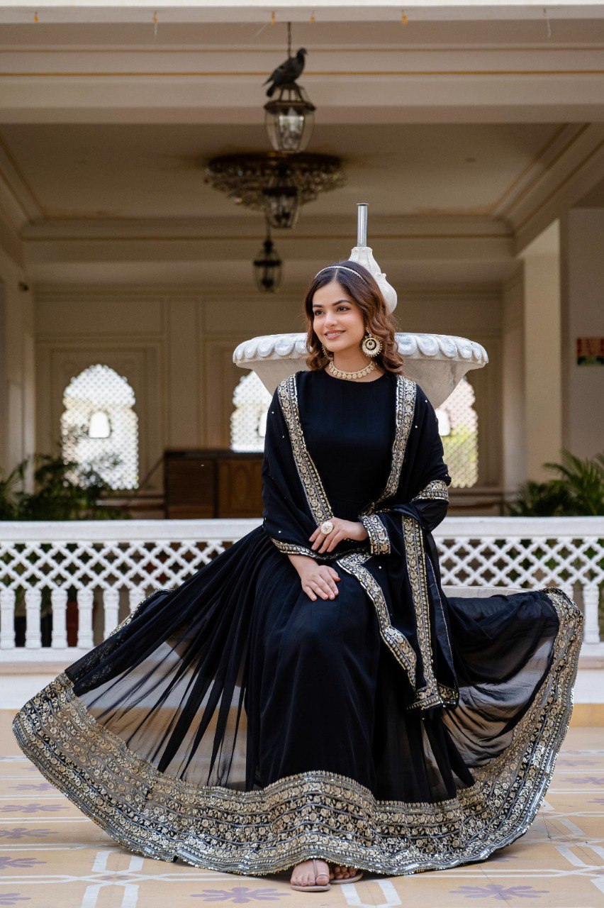 Black Faux Georgette Embroidered Gown with Matching Dupatta