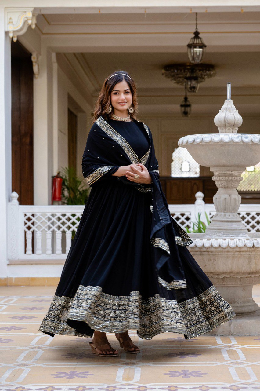 Black Faux Georgette Embroidered Gown with Matching Dupatta