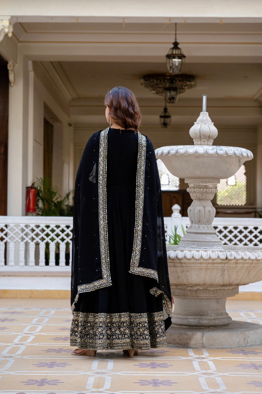 Black Faux Georgette Embroidered Gown with Matching Dupatta