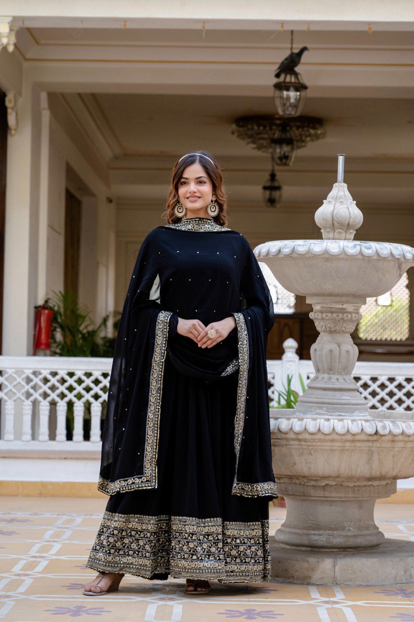 Black Faux Georgette Embroidered Gown with matching dupatta