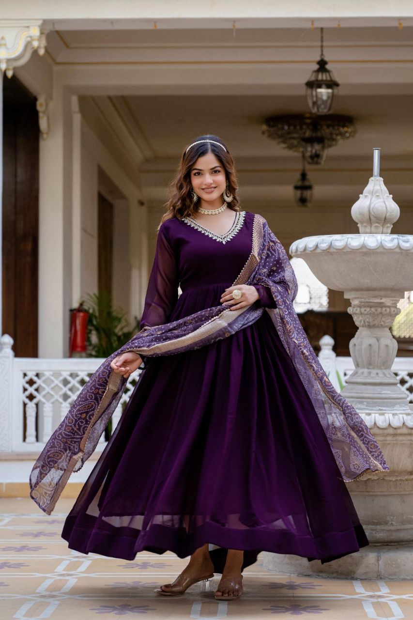 Wine Faux Georgette Gown with Pearl Handwork and Dupatta