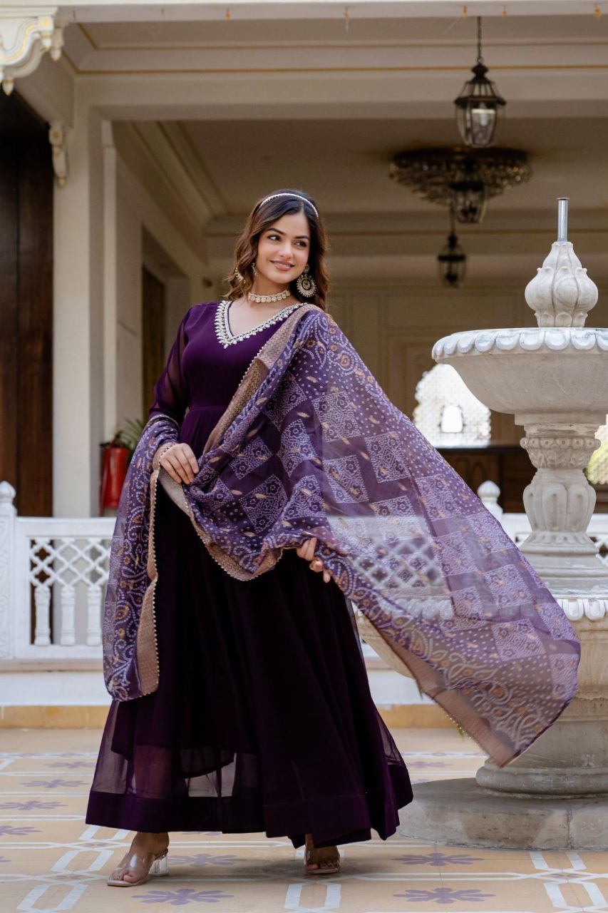 Wine Faux Georgette Gown with Pearl Handwork and Dupatta