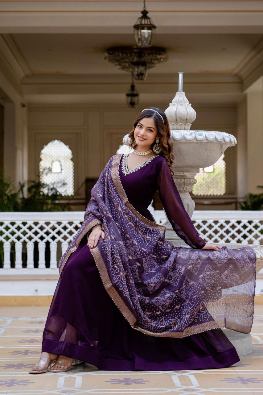 Wine Faux Georgette Gown with Pearl Handwork and Dupatta