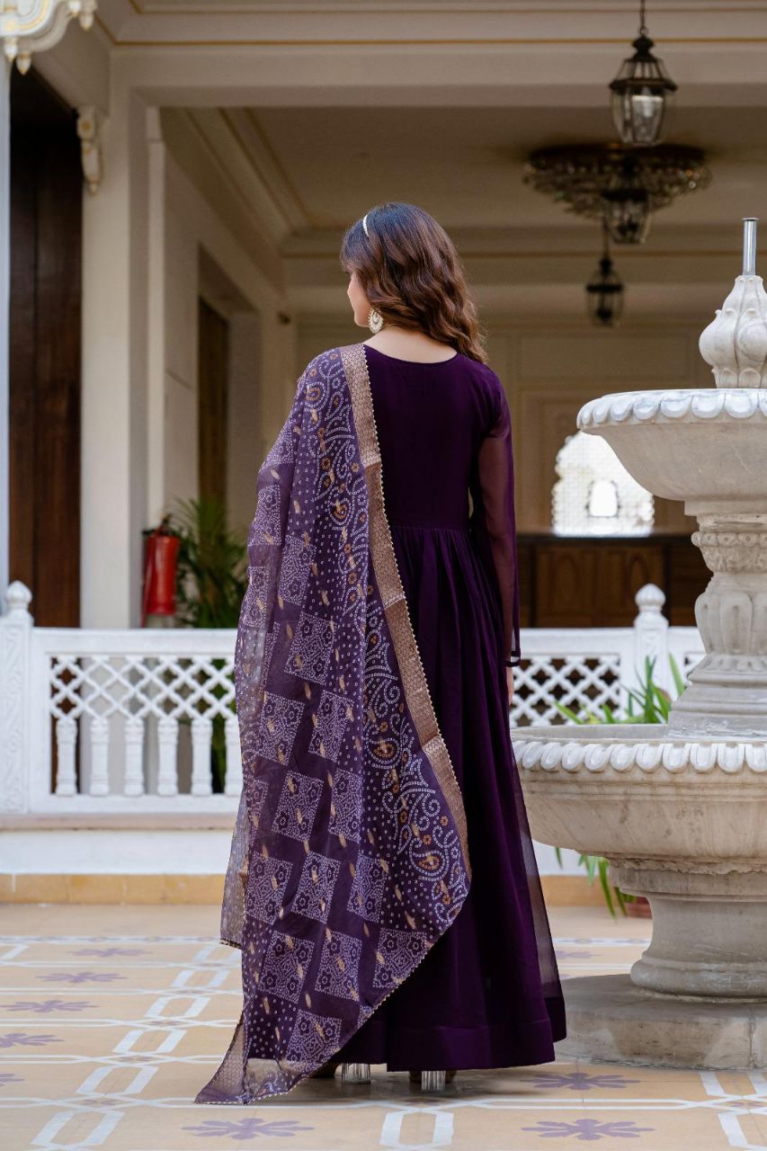 Wine Faux Georgette Gown with Pearl Handwork and Dupatta