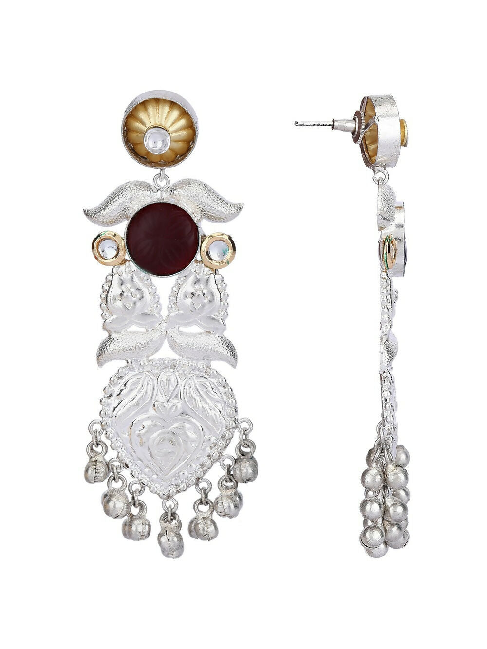Long Pattern Silver Tone Earrings with Spark Stones