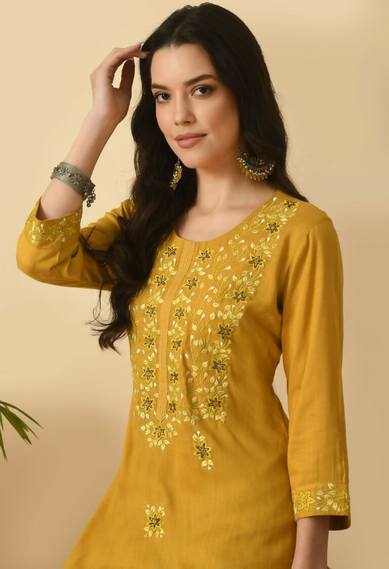 Mustard Cotton Rayon Kurta Set - Two Piece Women's Ethnic Wear