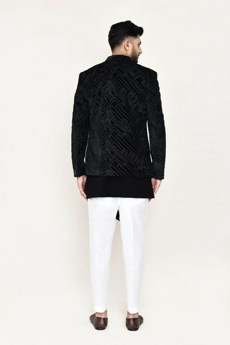 Black Velvet Embroidered Open Jacket with Matching Pant Set