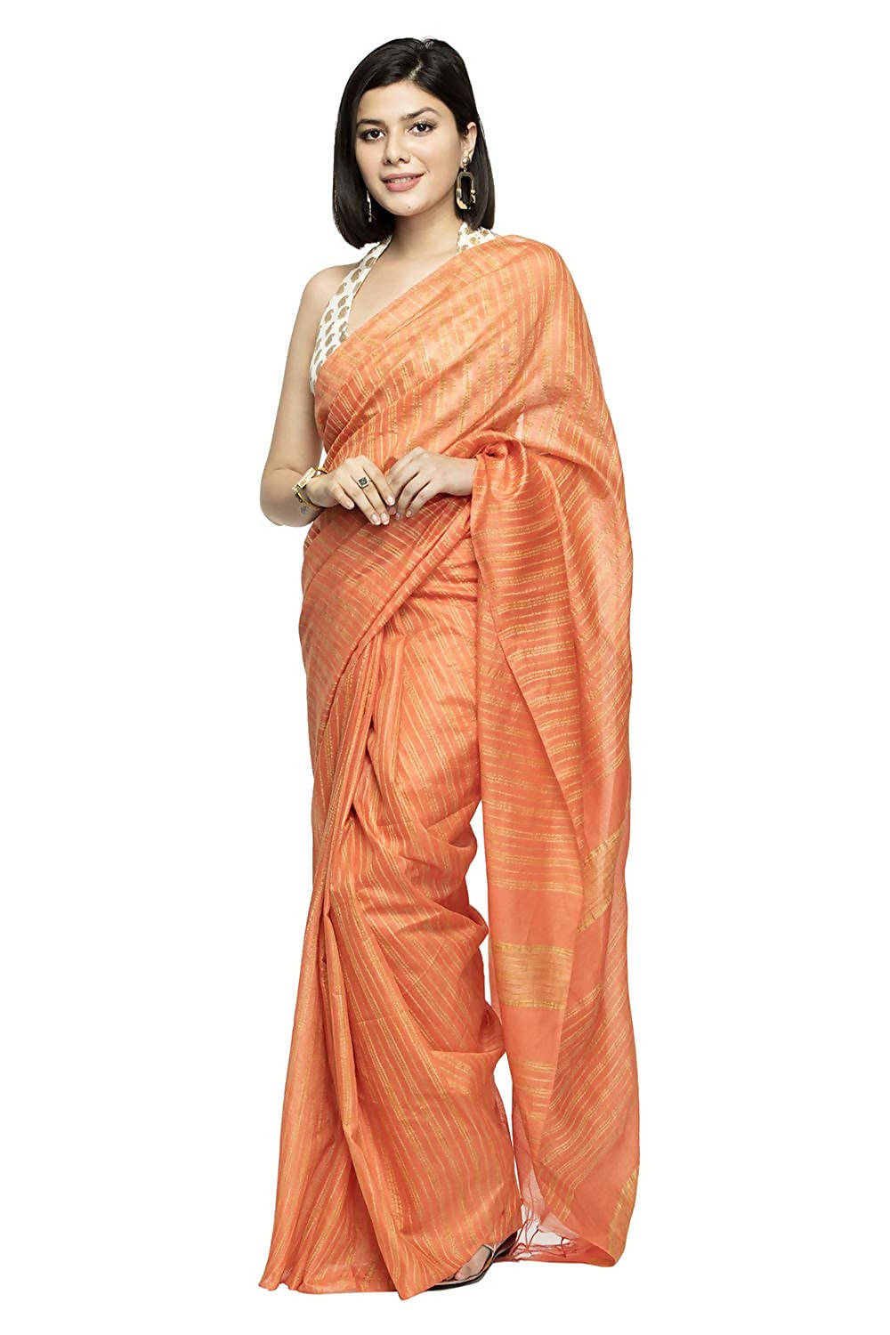 Vibrant orange Bhagalpuri saree with a matching unstitched blouse piece.