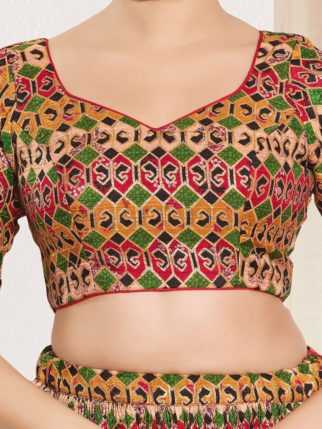 Red Brocade Padded Blouse with Sweetheart Neck and Elbow Sleeves