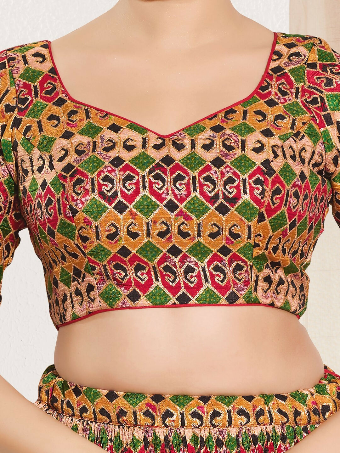 Red Brocade Padded Blouse with Sweetheart Neck and Elbow Sleeves