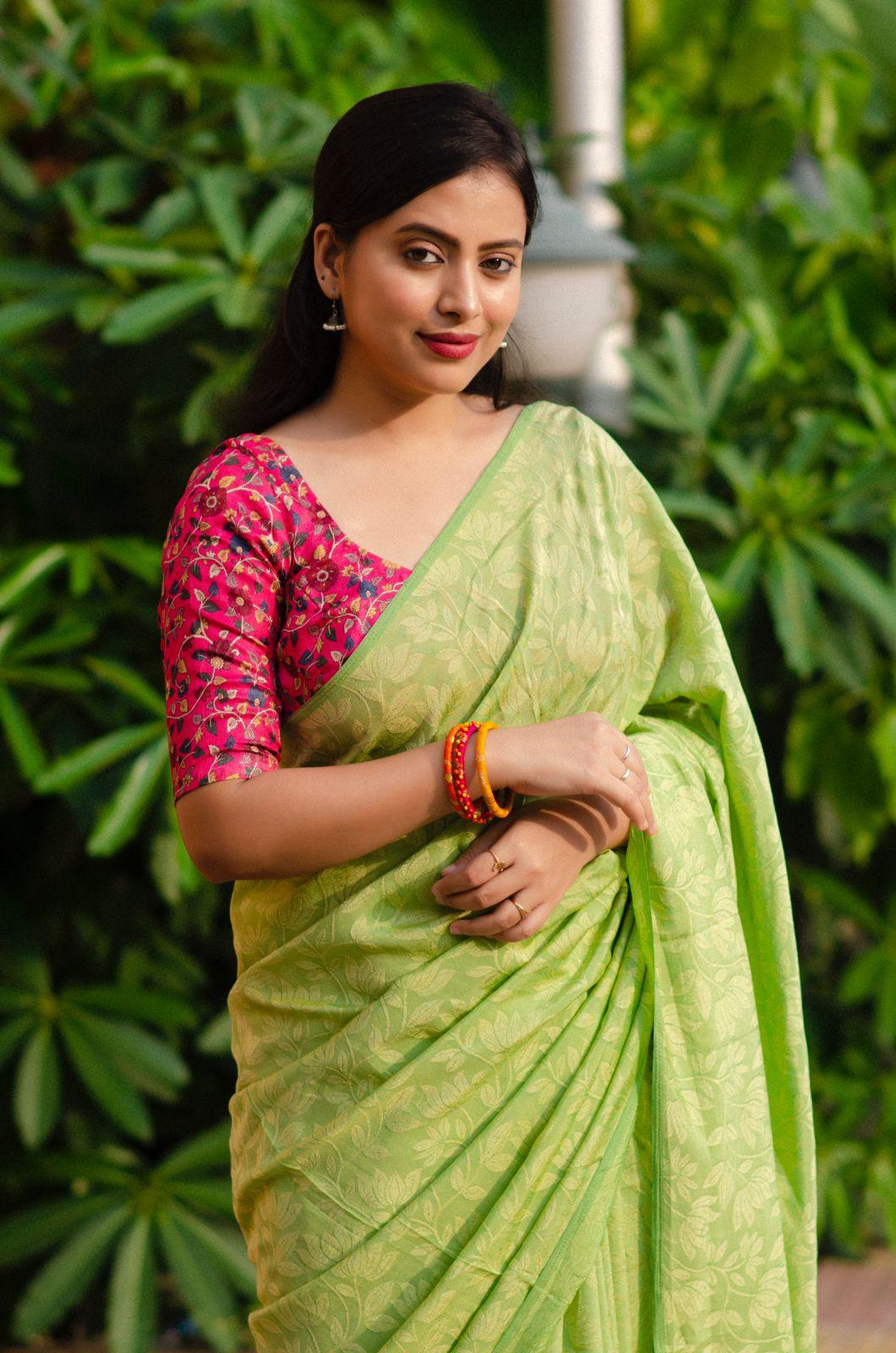 Green Jute Silk Jacquard Saree with Kalamkari Blouse