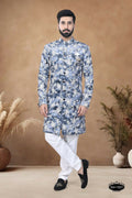 Men's Blue Suede Velvet Indo-Western Kurta with all-over thread and sequence embroidery.
