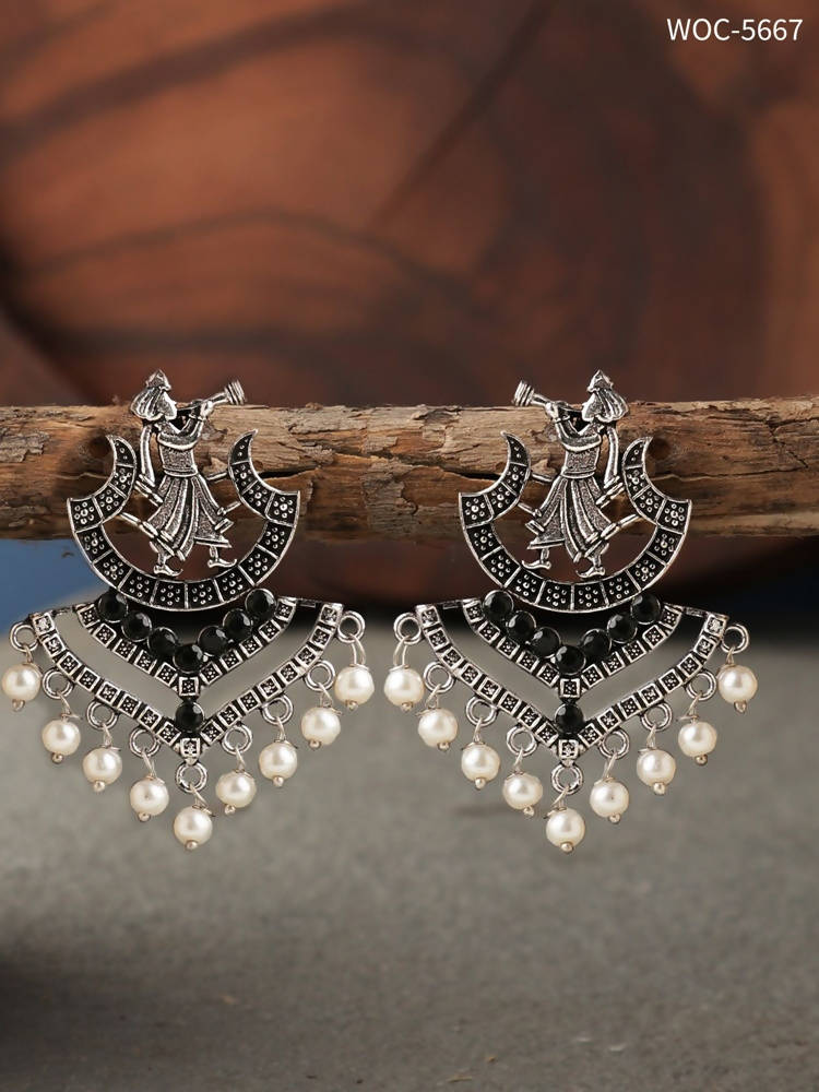 Johar Kamal Oxidised Silver Barrat Earrings with Black Stone