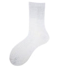 A pair of white ribbed short socks shown against a plain background
