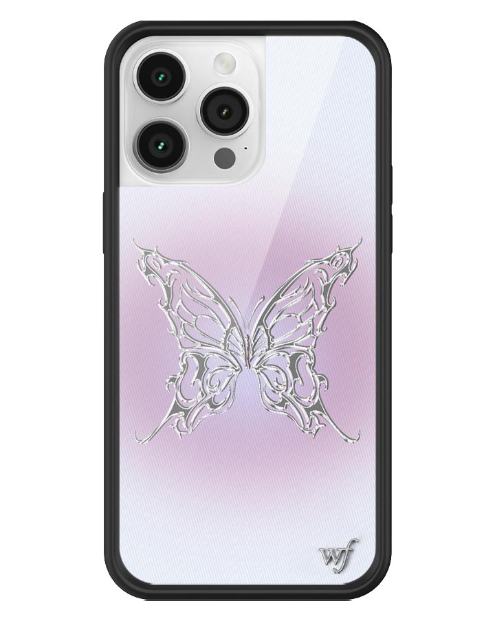 AI Butterfly iPhone case featuring a chrome metallic butterfly on a heliotrope purple gradient background with a black rubber bumper