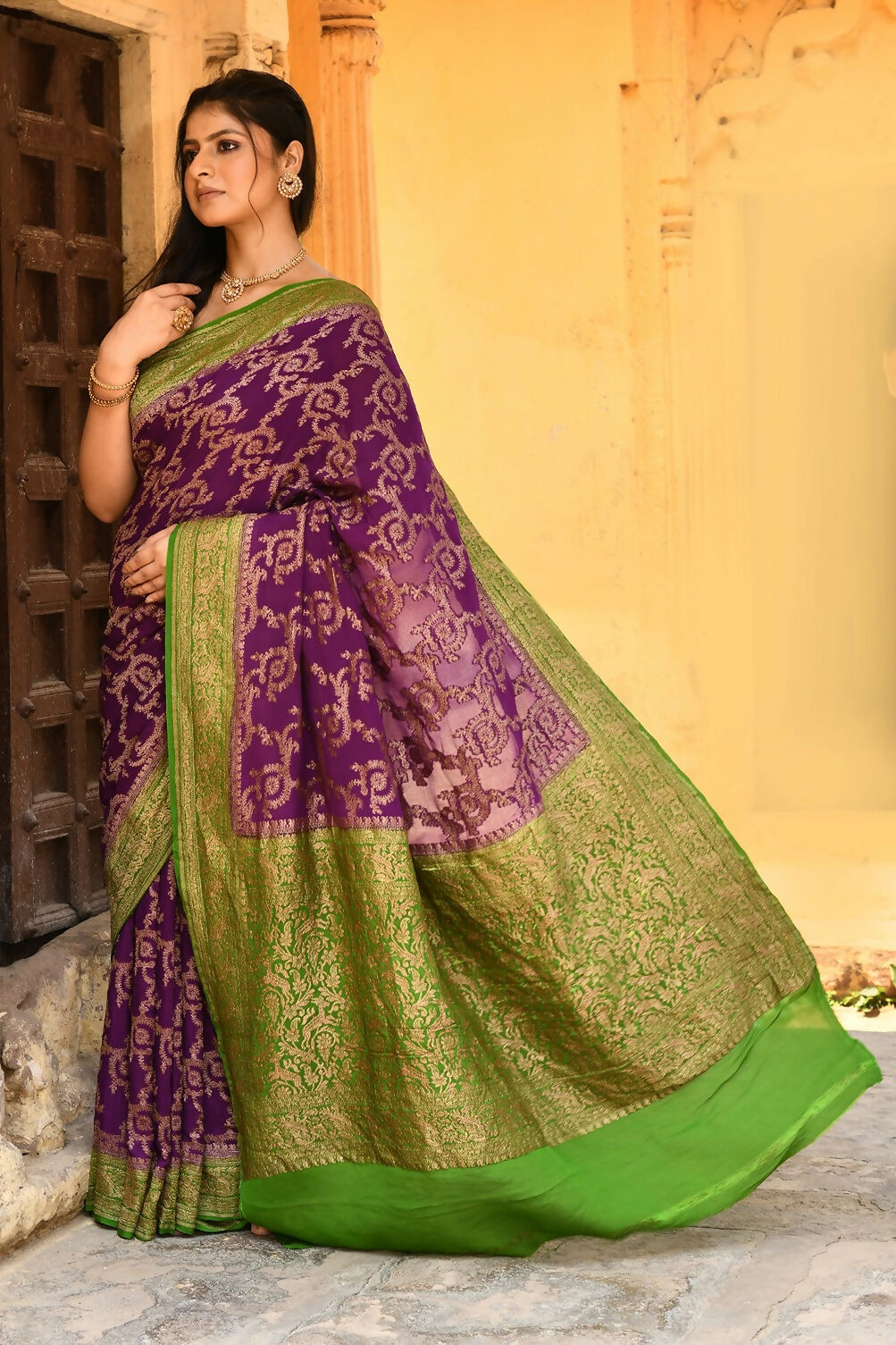 Purple Crepe Chiffon Pure Handloom Banarasi Silk Saree