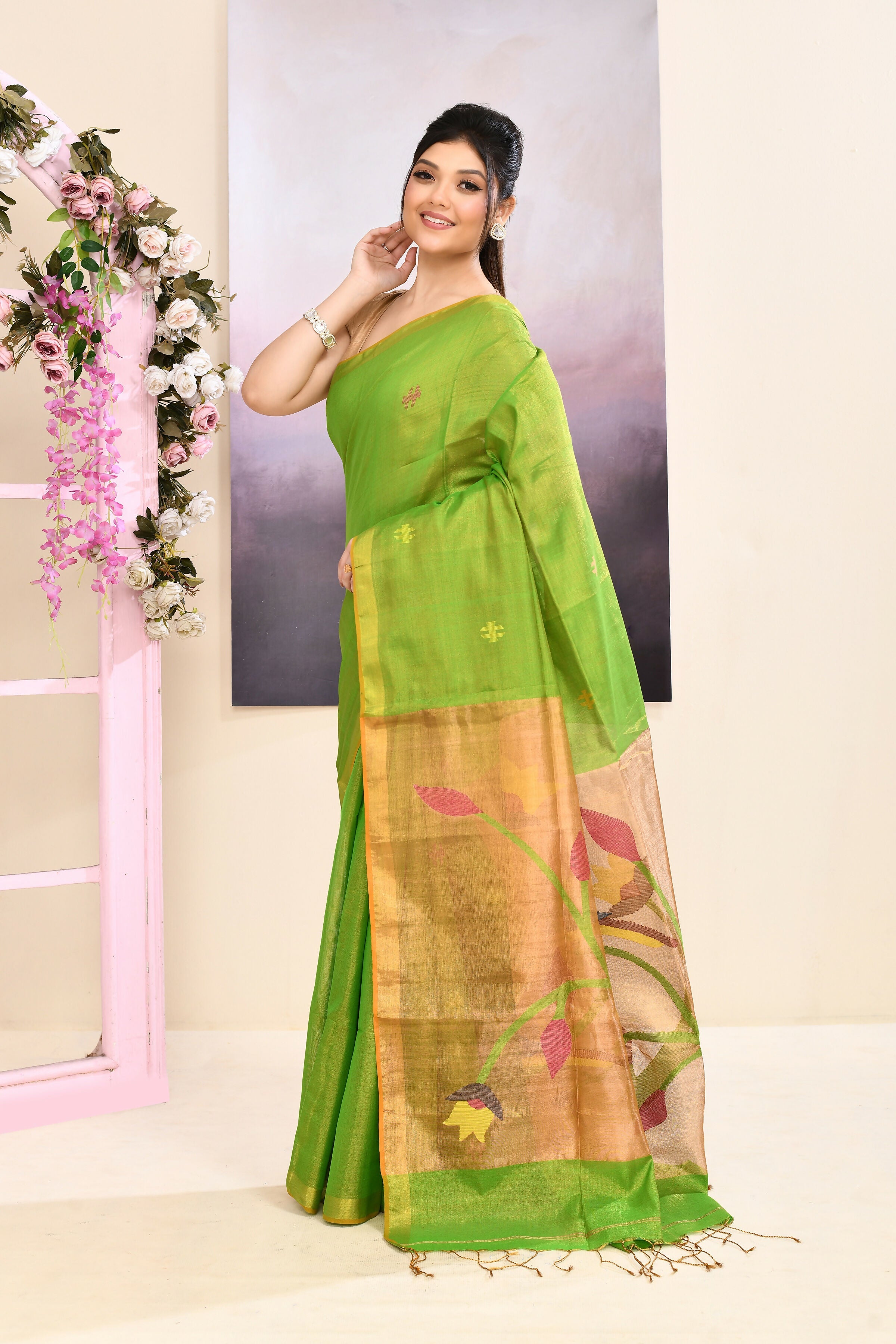 Green Tissue Jamdani Saree with Elegant Embellishments