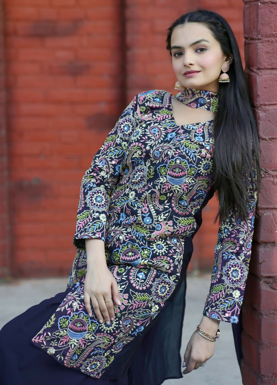 Blue Silk Embroidered Sharara Set with Kurti