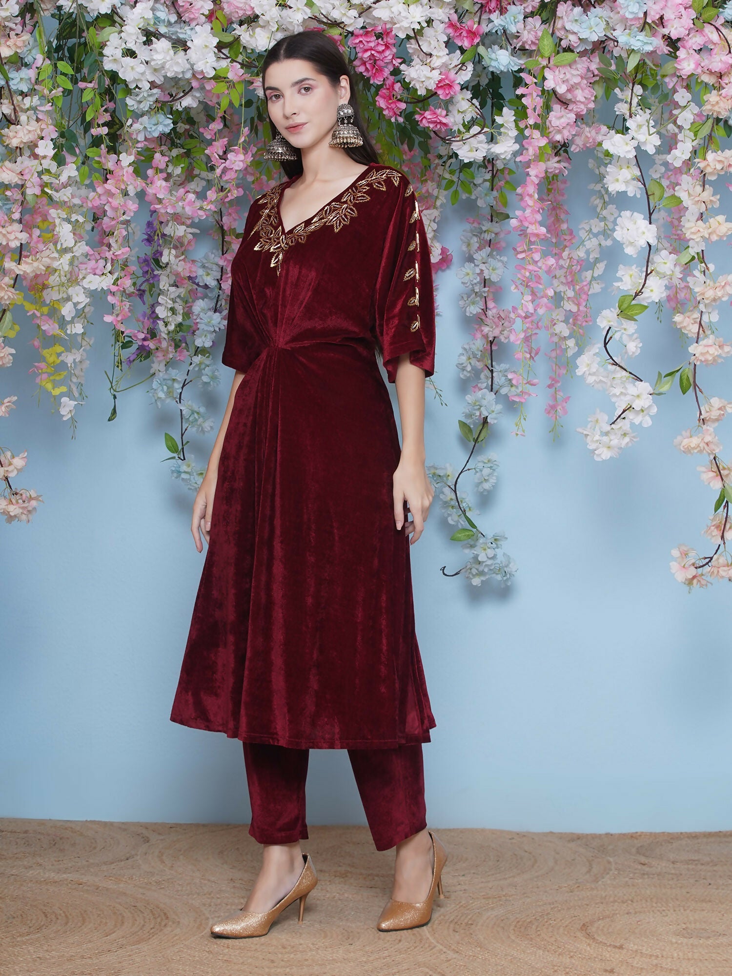 Maroon Velvet Hand Embellished Coord Set - 2 Piece Luxury Outfit