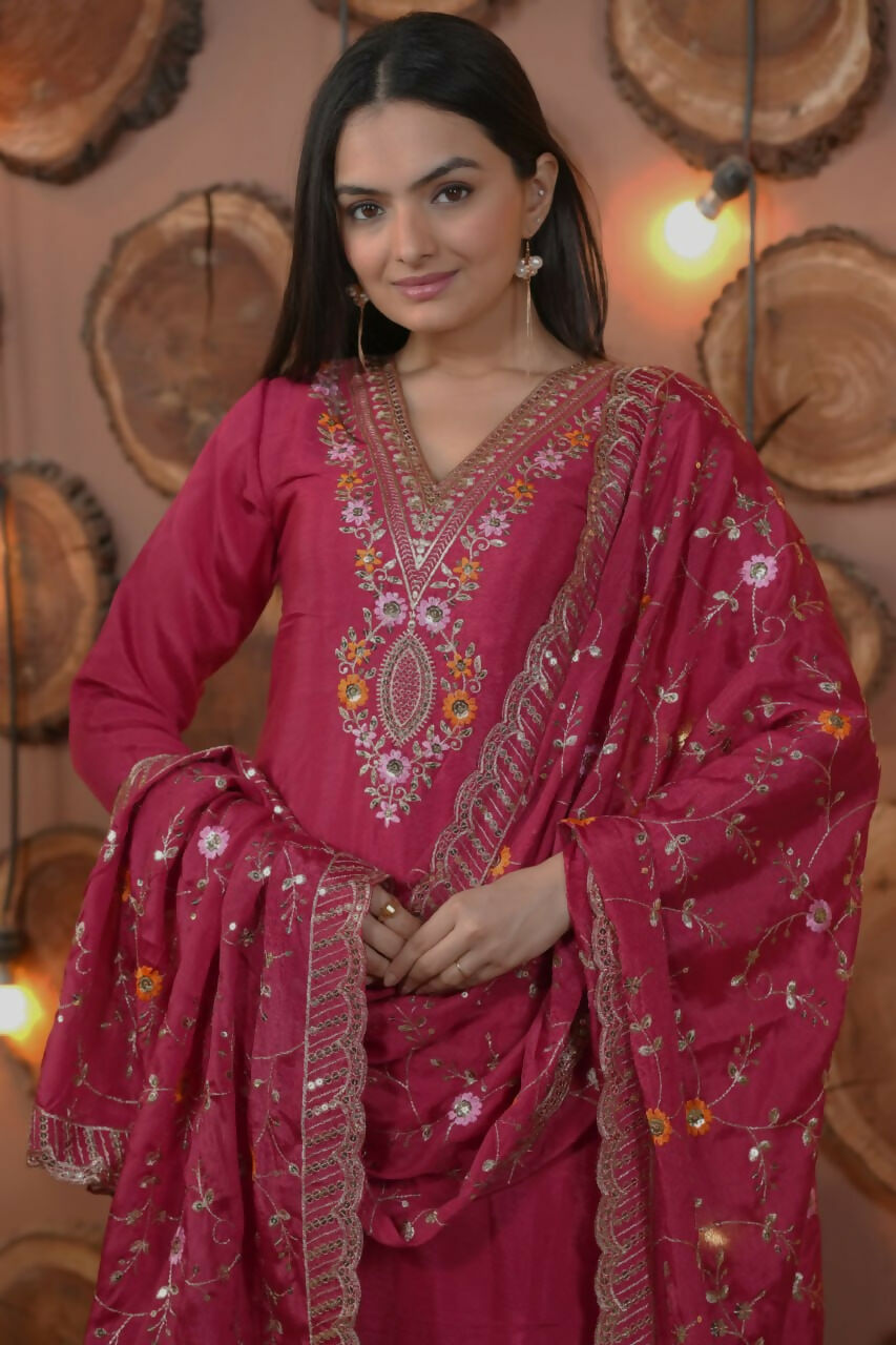 Pink Silk Embroidered Kurti Set with Stitched Design