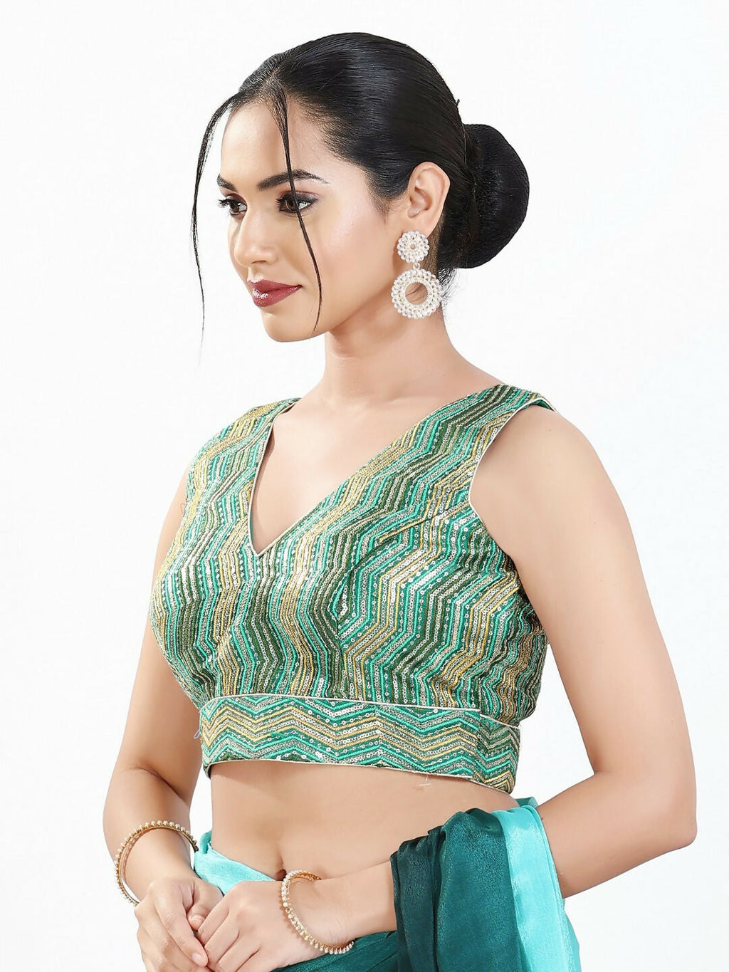 R.Green-Multi Silk V-Neck Sleeveless Padded Designer Blouse